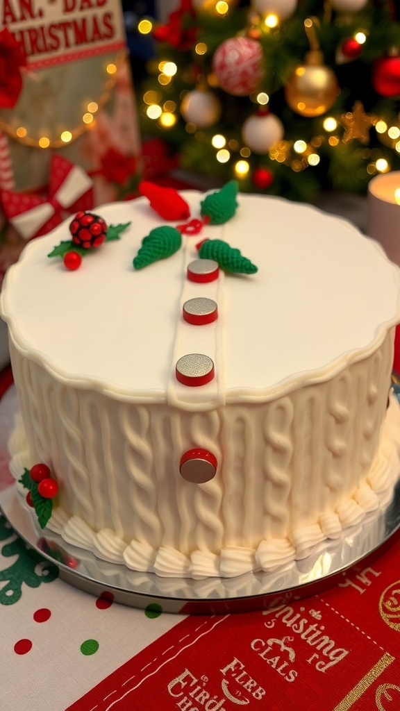 A festive knitted Christmas cake with fondant and buttercream decorations, displayed on a holiday table.